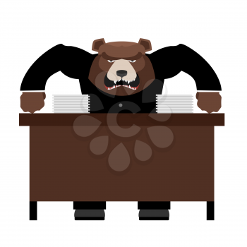 Angry Boss bear scolds. Wicked head yelling at staff. Vector illustration of Office life.

