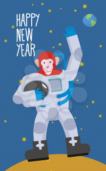 Red Monkey astronaut waving hand. Happy new year. Chimpanzees in spacesuit stands on  Moon in space. Vector illustration