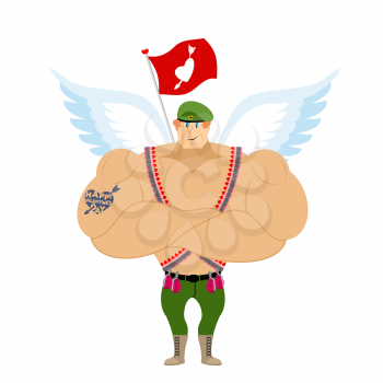 Cupid Troopers. Winged Landing. Military Angel for Valentines day. Soldier with wings. Red Ensign with heart. Cartridge belt from heart.
