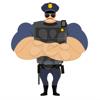 Police in flak vest. Powerful policeman in police uniform. Servant of  law with a mustache. Serious man with strong hand. Crossed hands on chest of  athlete. Strongman in uniform. Police officer on du
