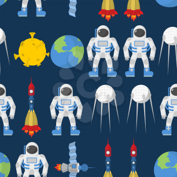 Cosmic seamless pattern. Earth and astronaut. Space rocket ship and satellite. Vector background.
