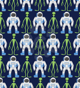 Astronaut and green humanoid, alien. Seamless pattern, ornament. Vector background cosmic
