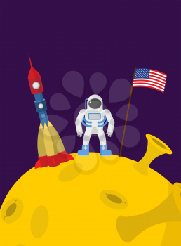 Astronaut on  moon. Cosmic man with the flag of America and rocket space ship. Vector illustration

