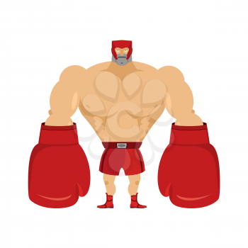 Boxer. Athlete in protective helmet. Strong man in big boxing gloves. Giant red boxing gloves. Boxing accessories.

