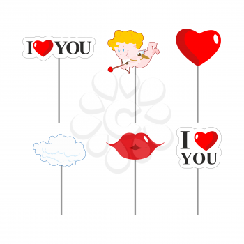 Valentines day photo props . Paper elements of love for photo shoot. February 14 lovers day. I love you. Lips and cloud. Cupid and kiss. Big red heart.

