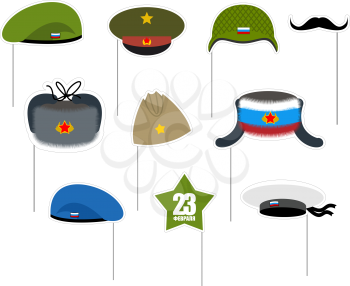 23 February Photo props. National holiday in Russia. Defender of fatherland day. Military hat and peakless Cap. Hats soldiers. Green and blue beret. Mustache and green star.
