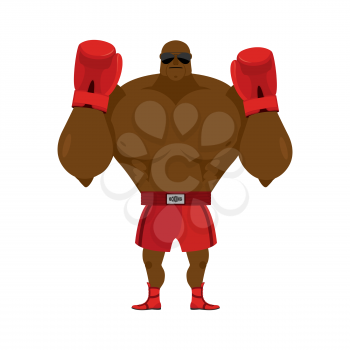 African American boxer. Fighting stand. Strong champion raised his hands up. Red Boxing Glove. Clean gloves. Boxer Greeting in ring before fight. Athlete in sportswear.
