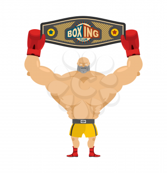 Boxing champion holds belt. Winner in competitions and boxing award. Champions belt. Boxer and award  Championship. Strongest man competitions