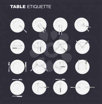 dining etiquette unofficial version. 16 characters to restaurant etiquette. Rules in public eating establishment. Cutlery etiquette. Good manners in society. An empty plate top view. Knife and fork.
