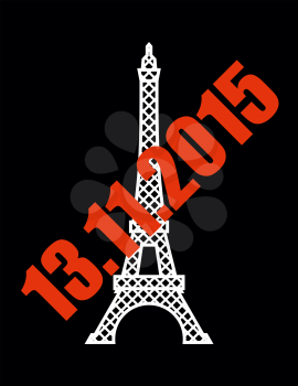 13 November 2015 terrorist attack in Paris. National symbol of France - Eiffel Tower with red text.
