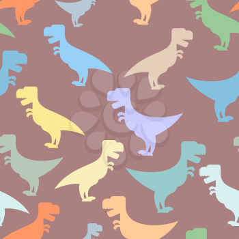 Color cute dinosaurs seamless background. Repeating pattern of Tyrannosaurus. T-rex reptile of Jurassic period. Texture for baby tissue. Ornament of  prehistoric predator