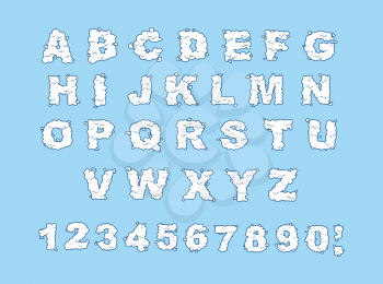 Cloud alphabet. Cloud letters and numbers. White cloud font. Blue sky background. Set of letters and numbers
