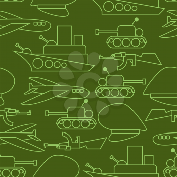 Military seamless pattern. Ship and tank. Auto and aircraft. Army ornament. Soldier green background. Texture for February 23 Day of Fatherland Defenders in Russia
