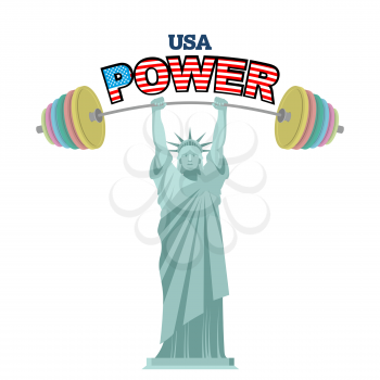 USA power. Powerful  Statue of Liberty barbell bench press. Athletic symbol of America. Fitness monument in New York. Symbol of strength and power and democracy. National Landmark country
