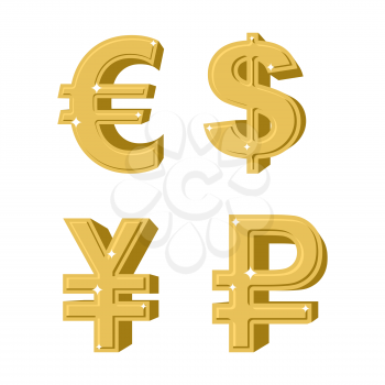 Set of golden symbols money. Russian ruble. Euro European cash. Chinese currency is yen. Symbol of American dollar precious yellow metal
