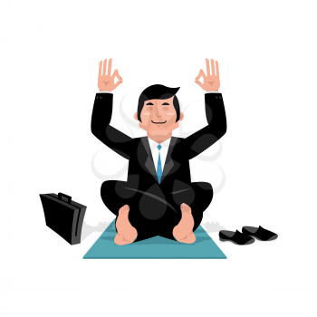 Businessman doing yoga. Man in suit sitting in lotus position. Meditation in office during working hours. Manager relaxing after work
