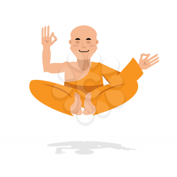 Tibetan monk in an orange robe. Novice yoga. Buddhist in  lotus position. Meditation and enlightenment bald man. Recluse yogi
