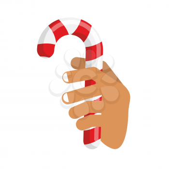 Hand and Candy Cane. Arm holding Christmas peppermint lollipop. Fingers and mint stick
