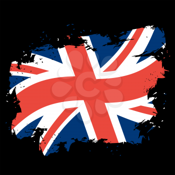 UK flag grunge style on black background. Brush strokes and ink splatter. National symbol of United Kingdom of Great Britain and Northern Ireland
