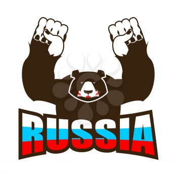 Russian bear. Angry beast predator and Russia flag. Aggressive wild animal. logo for sports team
