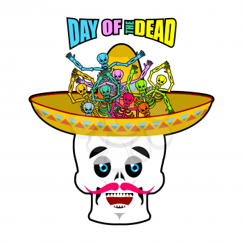 Day of the Dead skeletons and sombrero. Multi-colored skull in Mexican hat. Emblem for National Holiday in Mexico. Illustration Ethnic feast

