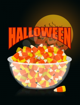 Halloween. bowl and candy corn.Moon and bat. Sweets on plate. Traditional treat for terrible holiday.
