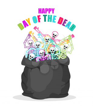 Day of the Dead. Skeletons in sack. Multicolored skull in bag. Logo for national holiday in Mexico. Mexican terrible feast
