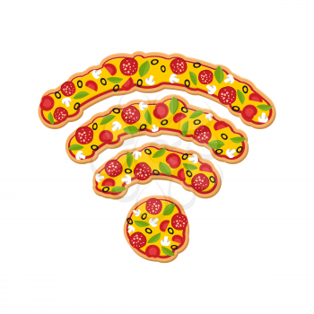 Wi Fi pizza. Delicious meal Wireless transmission. Remote access fast food. Wireless network Italian food. Icon wi-fi slice of pizza. Illustration for restaurant and cafe