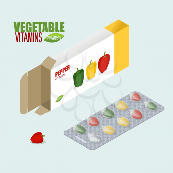 Pepper vitamins. Vegetarian pills. Tablets in pack. Natural products for health in form of bell pepper.  medicament vegetable. Medical drugs.