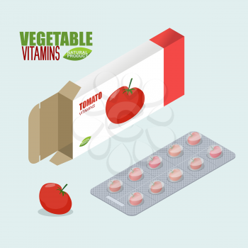 Tomatoes vitamins. Vegetarian pills. Diet tablets in pack. Natural products for health in form of tomato. medicament vegetable. Medical drugs
