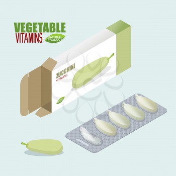 Zucchini pills in pack. Vegetarian vitamins. Tablets box. Natural products for health in form of fresh squash. Medicament vegetable. Medical drugs.