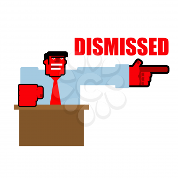 Dismissed. Red angry Bos points to door. Aggressive director yells fired. Unhappy Head beats fist on table. Scary man swears. Illustration for dismissal
