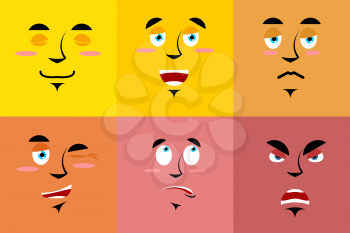 Set of cartoon face with emotions. Red evil character. Yellow kind emotion. Surprised person
