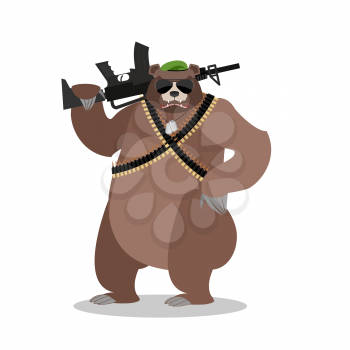 Military Bear with rifle. Grizzlies with gun. Wild beast and machine-gun tape. Animal soldiers. Army style. Soldiers badge and green beret