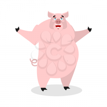 Cheerful pig spread his arms in an embrace. Good-natured big pig. Farm animal. Lovely good boar
