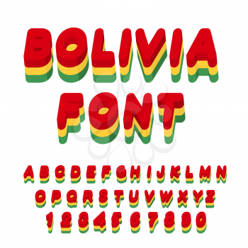 Bolivia font. Bolivian flag on letters. National Patriotic alphabet. 3d letter. State color symbolism Plurinational State of Bolivia. state in central part of South America