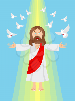 Jesus and pigeons. Ascension of Jesus Christ. Son of God in heaven. Resurrection. Bible character. Yellow divine ray of light