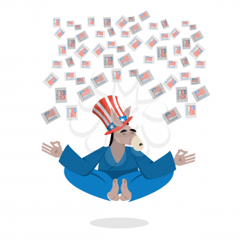Democrat Donkey hat Uncle Sam meditating votes in elections. Cheerful polytypical illustration. Symbol of political parties in America. Animals yoga