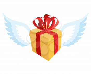 Gift with wings. Flying gift box with red bow and ribbon.
