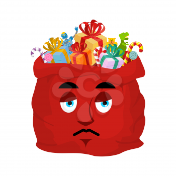Santa bag sad Emoji. Christmas sack with gifts sorrowfu emotion. Red sackful of gifts isolated