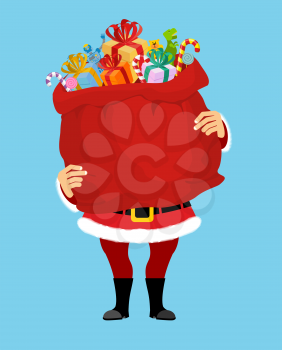 Santa and bag with gifts isolated. Big red sack. Gifts for Christmas and new year. Xmas template design
