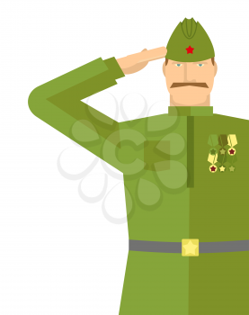 Russian veteran soldiers salute. Retro military. Vintage soldier. 9 may illustration. Holiday in Russia
