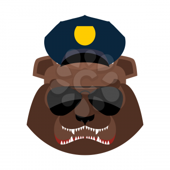 Angry bear in police cap. Aggressive Grizzly head. Wild animal muzzle isolated. Forest predator
