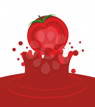 Tomato falling in juice isolated. Red splash on white background