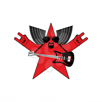 Rock star emblem isolated. Guitar and wings symbol of rock music. Hand rock and roll sign
