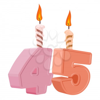 45 years birthday. Number with festive candle for holiday cake. Forty five Anniversary