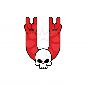 Rock hand and skull symbol of music. Rock and roll emblem isolated
