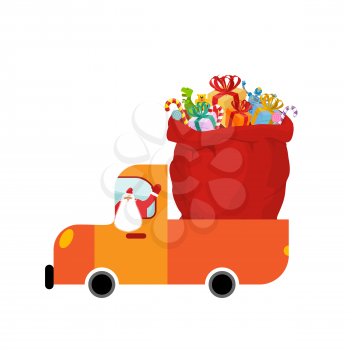 Truck Santa and red sack of gifts. Christmas car isolated. Holiday Services for New Year