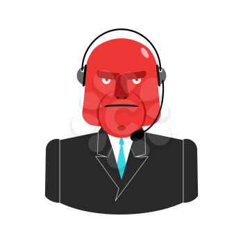 Angry call center. Red man with headset. Aggressive operator feedback clients. Customer Service