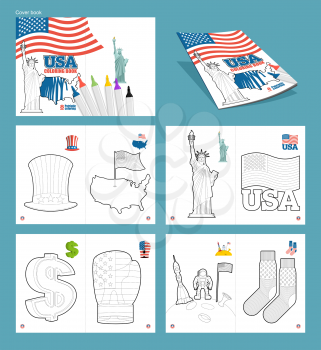 USA coloring book. Patriotic illustrations. Statel Symbols America. Uncle Sam hat and map country. Statue of Liberty and USA flag. dollar symbol, boxing glove. National socks and astronaut on moon